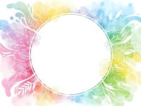 Colorful watercolor splash frame with white circle space for text. Floral botanical elements surround empty area. Rainbow gradient background for design projects.