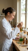 Young female scientist or herbalist of Caucasian ethnicity conducting botanical extraction experiment in laboratory setting, holding dropper above glass beaker with green liquid, surrounded by fresh herbs, amber bottles, and research materials on wooden workbench near window.