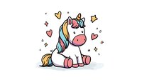 Cute baby unicorn with rainbow mane and tail sitting surrounded by hearts and stars on white isolated background, cartoon style character for nursery art and children designs.