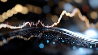 Macro shot of stock market chart reflection on dark glossy surface with water drops and bokeh lights creating dramatic financial atmosphere.