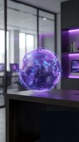 Holographic globe with network connections floating in modern office space with purple neon lighting for technology and business presentations.