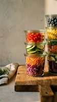 Colorful meal prep containers with fresh vegetables stacked on wooden cutting board for healthy eating and food storage planning.