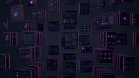 Futuristic digital interface with neon purple and pink glowing circuit boards, control panels, and holographic displays floating in dark cyberspace environment for tech backgrounds.