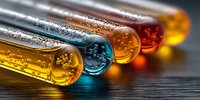 Colorful laboratory test tubes with bubbling liquids in yellow, blue, orange, and red, arranged in row on dark wooden surface.