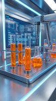 Modern laboratory equipment with orange chemical samples in test tubes and flasks on automated platform for pharmaceutical research and development.