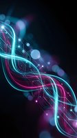 Abstract digital technology background with flowing neon light trails in cyan and magenta colors creating dynamic wave patterns on dark backdrop.