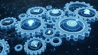 Digital technology gears with business icons on blue network background representing automation, innovation and industrial processes in modern workflow.