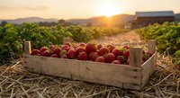 Fresh red apples in wooden crate at sunset in orchard with golden light streaming through vineyard rows and farm building in background.