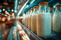 Glass bottles of fresh milk with metal caps lined up on refrigerated supermarket shelf with bokeh lights in background.