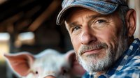 Mature Caucasian farmer with gray beard wearing denim cap smiling warmly in barn with pigs in background. Agricultural lifestyle and livestock farming concept.