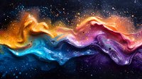 Vibrant cosmic waves flow through starry space in gold, orange, blue and purple hues, creating dynamic abstract celestial art with luminous nebula effects.