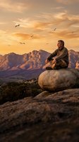 Senior Caucasian man sitting on boulder contemplating mountain landscape at golden hour sunset with flying birds overhead for mindfulness and retirement concepts.