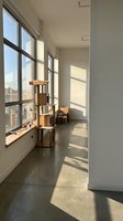 Bright modern hallway with large windows, wooden cat tree, and natural sunlight streaming across polished concrete floors in contemporary apartment interior.