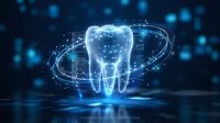 Futuristic digital tooth with glowing blue holographic rings and particles on dark background for dental technology and healthcare innovation concepts.
