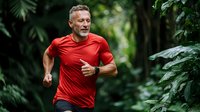 Mature Caucasian male athlete in red t-shirt jogging through lush green forest path. Active lifestyle and fitness concept showing healthy outdoor exercise routine.