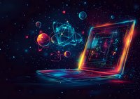 Futuristic laptop with glowing screen displays cosmic elements and floating planets in space, featuring neon blue and orange colors against dark starry background.