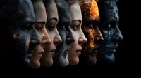 Multiple female faces in profile transition from light to dark with dramatic smoke and fire effects creating mysterious atmospheric artistic portrait composition.