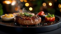 Juicy grilled beef steak with herbs and spices on dark plate, steam rising, roasted tomatoes and blurred bokeh lights in background, restaurant setting.