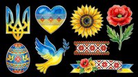 Ukrainian clipart set with trident, heart, sunflower, poppy, dove, Easter egg, and embroidery patterns, isolated on transparent background, ready for stickers, sublimation, and t-shirt design.