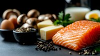 Cooked salmon fillet with cheese, mushrooms, eggs, and peppercorns arranged on dark surface for healthy meal preparation and nutrition content.