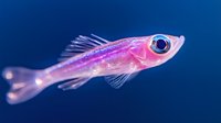 Luminescent pink tropical fish with translucent body and bright blue eye swimming against dark blue background, glowing with ethereal bioluminescent qualities.