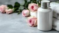 Pink roses with white cosmetic bottle and spa towels on marble background, elegant skincare and wellness composition for beauty product photography.