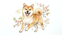Shiba Inu dog with happy expression surrounded by delicate cherry blossoms and botanical elements on isolated white background, suitable for pet designs and merchandise.