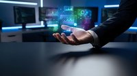 Businessman hand displaying holographic data analytics charts and graphs in modern office environment for business intelligence presentations.