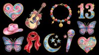Colorful pop star clipart set with hearts, guitar, bracelet, butterfly, cowboy hat, microphone, scarf, moon and stars, isolated on transparent background, for stickers, t-shirts, print on demand.