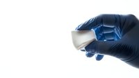 Medical professional hand in blue nitrile glove holding white pill or tablet on clean white background for healthcare and pharmaceutical use.