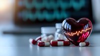 Red glass heart with glowing heartbeat line next to medical pills and capsules on white surface against blurred hospital monitor background, healthcare concept.