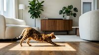 Bengal cat stretching on wooden floor in modern living room with plants and mid-century furniture. Indoor pet lifestyle scene for home decor concepts.