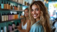 Young woman with wavy blonde hair smiling in beauty salon with hair products on shelves in background, showcasing natural beauty and salon atmosphere.