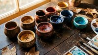 Young artist's workspace featuring multiple ceramic bowls filled with watercolor paints in warm and cool tones, arranged on dark wooden table near window with natural light, paintbrushes nearby for creative projects.