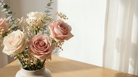 Soft pink and cream roses with eucalyptus in a ceramic vase on a wooden table, bathed in natural light for home decor.