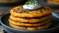 Golden potato pancakes stack with sour cream and chives on dark plate. Traditional comfort food breakfast or side dish for restaurants and cafes.