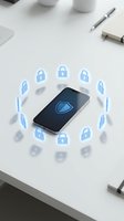 Smartphone with shield icon surrounded by floating blue security lock symbols on white desk representing mobile cybersecurity and data protection technology.