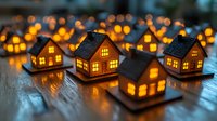 Glowing miniature houses with warm yellow lights creating cozy atmosphere on wooden surface. Decorative holiday village display for seasonal home decor.