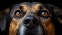 Close up portrait of brown and black mixed breed dog with soulful amber eyes looking up at camera against dark background. Emotional pet photography.