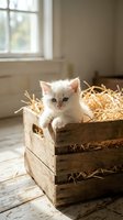 Adorable white kitten with blue eyes sitting in rustic wooden crate filled with straw on farmhouse floor near window with natural sunlight streaming in.