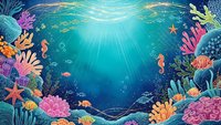 Vibrant underwater coral reef scene with tropical fish, sea life and sunlight rays streaming through turquoise ocean water creating magical marine ecosystem.
