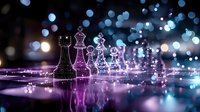 Chess pieces on reflective surface with purple and blue bokeh lights creating magical atmosphere. Strategic game concept with dramatic lighting and mirror effect.