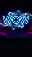 Glowing neon WOW text with electric energy effects and light trails on dark background for advertising and promotional designs.