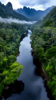 Meandering river flows through lush rainforest valley with misty mountains in background, dramatic morning light creates moody atmosphere in tropical landscape.