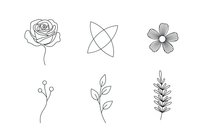 Minimalist line art botanical elements including rose, geometric flower, simple blooms, berries, and leaf sprigs isolated on white background for design projects.