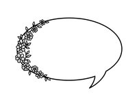 Floral speech bubble with decorative flowers and leaves border, black outline on transparent background for wedding invitations and greeting cards.
