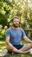 Middle-aged Caucasian man with full beard meditating in lotus position on grass in sunlit garden. Wearing casual blue t-shirt and shorts. Peaceful outdoor wellness and mindfulness practice.