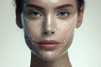 Young woman face with digital facial recognition scanning technology overlay showing connected dots and lines for biometric identification security system.