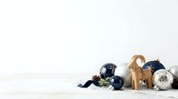 Isolated Christmas ornaments and decorations arranged on white background, including navy blue and silver baubles, wooden reindeer figurine, and white snowflake ornament for holiday design projects.
