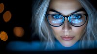 Young woman with bright blue eyes and glasses illuminated by computer screen glow in dark room with bokeh lights background, cybersecurity concept.